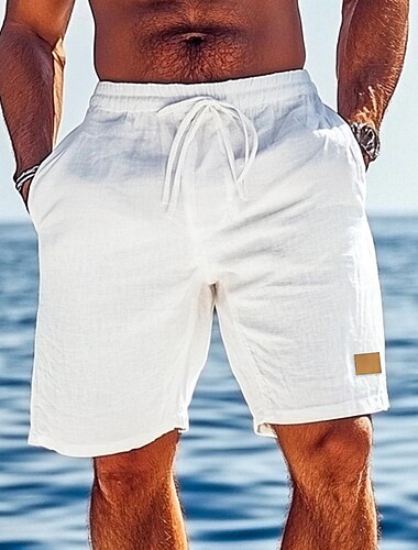  Hombre Pantalón corto Pantalones cortos de lino Pantalones cortos de verano Pantalones cortos de playa Correa Cintura elástica Pierna recta Plano Comodidad Transpirable Longitud de la rodilla
