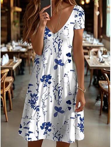  女性用 ミディドレス T シャツドレス サンドレス A ラインドレス 旅行度假风 カジュアル ビーチスタイル ビーチ レギュラー フラワー グラフィック 半袖 Ｖネック ブラックとホワイト イエロー ルビーレッド ブルー 夏 春