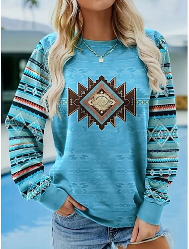  Damen Pullover Sweatshirt Grafik Paisley-Muster Warm Vintage Western Langarm Rundhalsausschnitt Normale Oberteile Straße Alltagskleidung Lässig Druck Blau Braun Dunkelblau Frühling Herbst Winter