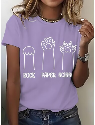  Damen T Shirt Grafik Tiermotiv Katze Vintage Stilvoll Klassisch Kurzarm Rundhalsausschnitt Rundhals Normale Oberteile Täglich Wochenende Druck Schwarz Weiß Rosa Blau Purpur Sommer Frühling