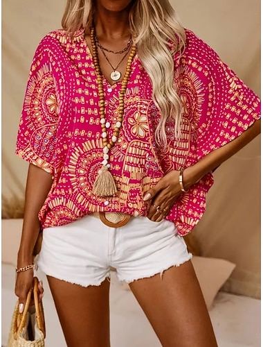  Damen Bluse Druck Blumen Grafik Bohemien Vintage Lässig Dreiviertelarm V Ausschnitt Normale Oberteile Täglich Schwarz Rote Orange Grün Sommer Frühling Herbst