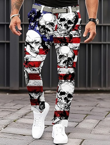  Voor heren Doodskoppen Amerikaanse vlag Vaderlandslievend Pakken Broek Vrijetijdsbroek Medium Taille Klassiek Casual Feestdagen Slim Fit Broek met Zakken Lente Herfst 3D-afdrukken Wit