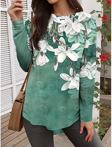  Damen T Shirt Blumen Grafik Pflanzen Vintage Mode Lässig Langarm Rundhalsausschnitt Lange Oberteile Täglich Wochenende Druck Rote Blau Purpur Grün Frühling, Herbst, Winter, Sommer