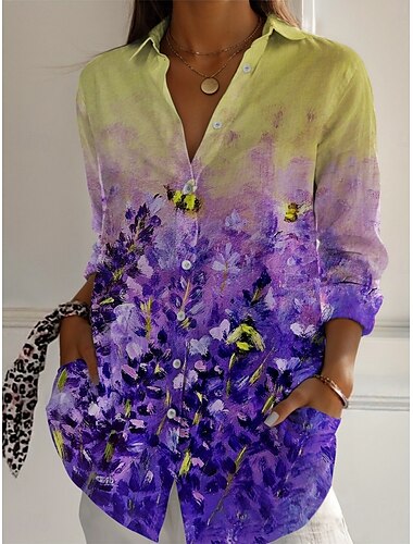  Per donna Camicia Floreale Attivo Quotidiano Elegante Manica Lunga Colletto a Camicia Top Regolari Quotidiano Ferie Bottoni Stampato Viola Primavera Autunno