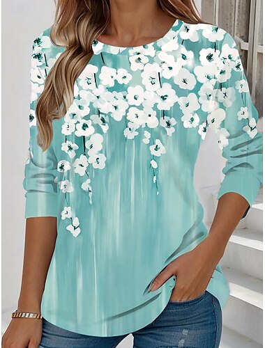  Damen T Shirt Blumen Grafik Pflanzen Vintage Stilvoll Klassisch Langarm Rundhalsausschnitt Rundhals Normale Oberteile Täglich Wochenende Druck Schwarz Weiß Rosa Blau Grün Sommer