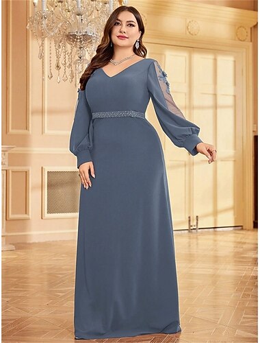  A-Linien Plus Size Kleider Elegantes Kurvenkleid Formelles Hochzeitsbodenlänges Langärmel V-Ausschnitt Chiffon mit Perlen 2025
