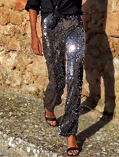  Damen Schlaghosen Hosen Hose Mode Streetwear Volle Länge Hohe Taille Einfarbig Pailletten Elastischer Bund Atmungsaktivität Bequem Mikroelastisch Party Ausgehen Schwarz Sommer Normale Passform