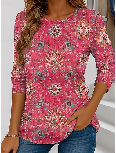 Damen T Shirt Grafik Geometrie Stilvoll Lässig Langarm Rundhalsausschnitt Normale Oberteile Täglich Wochenende Druck Gelb Blau Fuchsie Orange Sommer