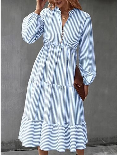  Damen Midikleid A Linie Kleid Lässig Täglich Lässiger Schnitt Gestreift Langarm V Ausschnitt Schwarz Blau Grün Frühling Herbst