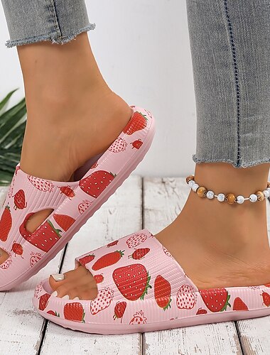  Damen-Sandalen mit Erdbeer-Print, süße Sommer-Hausschuhe für drinnen und draußen, rutschfeste Hausschuhe mit offener Spitze für Strand und Freizeit