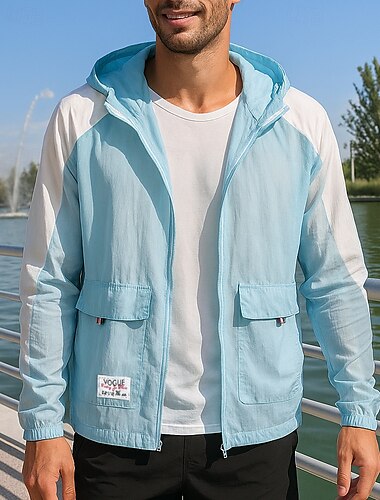 Herren Laufjacke Outdoorjacke Tasche Vollreißverschluss Langarm Oberbekleidung Sportlich Sonnenschutz Leicht Atmungsaktiv Tennis Golfspiel Laufen Sportbekleidung Sportkleidung Farbblock Himmelblau