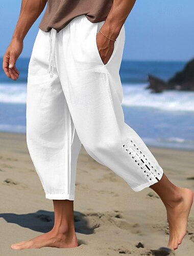  Hombre Pantalones de lino Pantalones Pantalones de verano Pantalones anchos Pantalones Cortos Cintura elástica Correa Plano Comodidad Transpirable Medio corto Casual Diario Festivos Vacaciones Moda