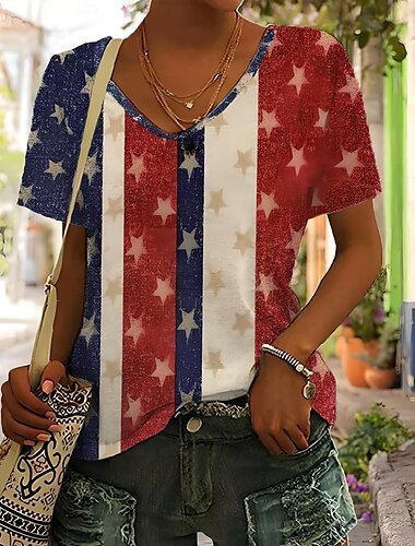  Unabhängigkeitstag Damen Patriotic Fourth of July T-Shirt Grafik Amerikanische Flagge Vintage Stylisch Klassisch Kurzarm V-Ausschnitt Reguläre Oberteile Tagesdruck Blau Sommer Frühling