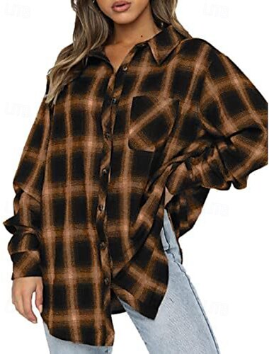  Damen Hemd Bluse Karomuster Modern Lässig Langarm Hemdkragen Normale Oberteile Ferien Ausgehen Knöpfe Druck Schwarz Weiß Rosa Leicht Braun Braun Herbst