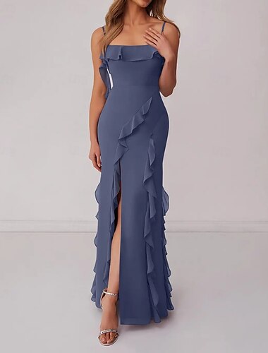  A-Linie Brautjungfernkleid Spaghettiträger ärmellos elegant bodenlang Chiffon mit Rüschen / Schlitz vorne 2025