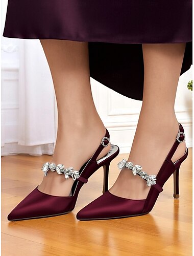  Sapatos de salto alto slingback de cetim bordô femininos - sapatos sociais de bico fino com tira de cristal para coquetéis e eventos noturnos elegantes