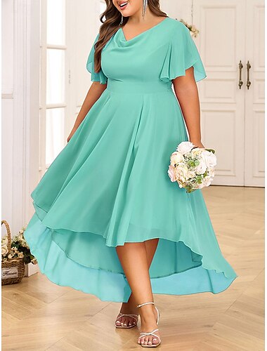  Damen Übergröße A Linie Kleid Einfarbig Rundhalsausschnitt Kurzarm Sommer Frühling Elegant Midikleid Formell Party Kleid