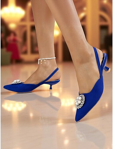  Damen-Slingback-Pumps aus blauem Satin mit Perlen- und Strassverzierung, spitze Kitten Heels für gehobene Partys und Cocktailveranstaltungen