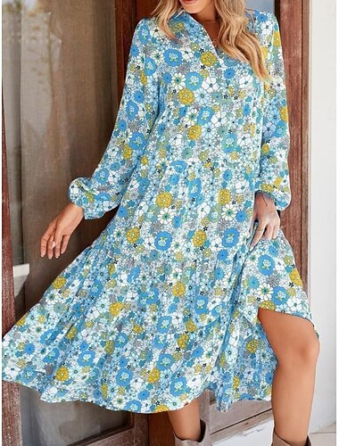  Damen Midikleid A Linie Kleid Lässig Outdoor Ausgehen Normale Passform Blumen Grafik Langarm V Ausschnitt Leicht Braun Himmelblau Orange Grün Sommer