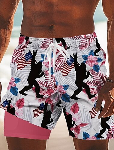  Tag der Unabhängigkeit Herren US Flagge Patriotisch Tropische Pflanzen Gefütterte Shorts 2 in 1 Badeshorts Badehosen Mittlere Taille Ferien Seitentaschen Mit Kompressionsfutter Elastischer Kordelzug