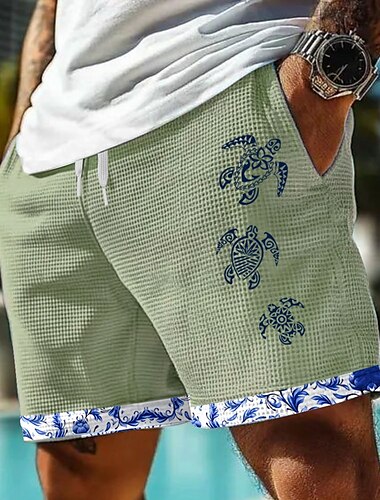  Herren Meeresbewohner Meeresschildkröte Waffel-Shorts Sweat-Shorts Freizeitshorts Mittlere Taille Hawaiianisch Urlaub Joggen Trainieren Elastischer Kordelzug in der Taille Shorts mit Taschen Designer