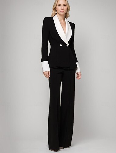  Svart og hvit to-delt jumpsuit  buksedress brudens mor buksedress elegant vintage enkel sjal revers gulvlengde krepp elastisk stoff lange ermer med knapper fargeblokk