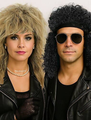  70er 80er Rocker Vokuhila Perücke Cosplay Perücke Herren lang lockig schwarz Perücke Karneval Party Kostüm Perücke