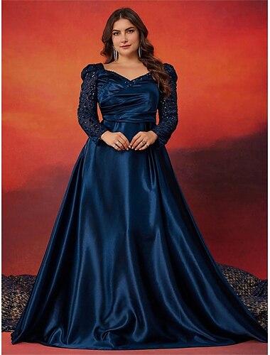 A-Linien Plus Size Kleider Elegantes Kurvenkleid Formelles Hochzeitsbodenlänges Langärmel Herz-Ausschnitt Satin mit Falten 2025