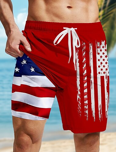  Tag der Unabhängigkeit Herren Patriotisch USA Flagge Gefütterte Shorts 2 in 1 Badeshorts Badehosen Mittlere Taille Ferien Seitentaschen Mit Kompressionsfutter Elastischer Kordelzug in der Taille