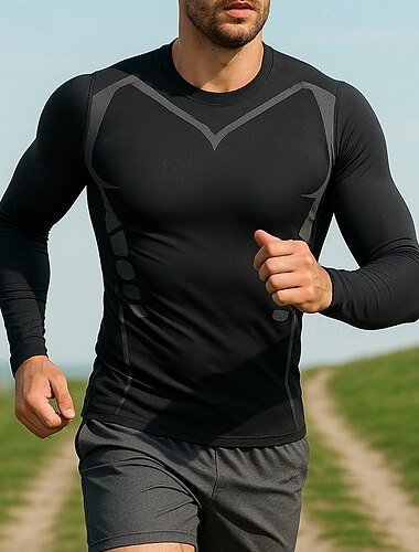  Herren Laufshirt Tennis Shirt Schlank Langarm T-Shirt Atmungsaktiv Schnelltrocknend Leicht Elastisch Tennis Golfspiel Laufen Sportbekleidung Sportkleidung Einfarbig Schwarz