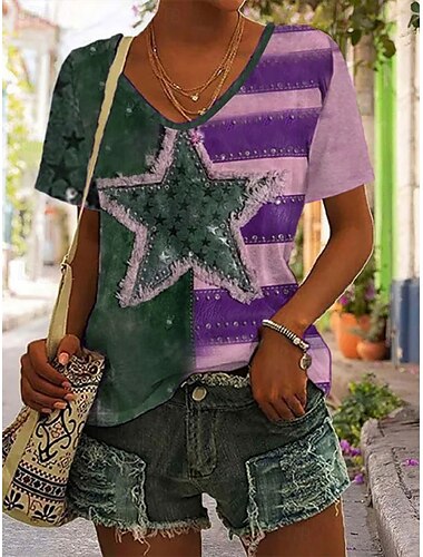  Unabhängigkeitstag Frauen Patriotic Fourth of July T-Shirt Herz Grafische Flagge Stilvoll Lässig Kurzarm V-Ausschnitt Reguläre Oberteile Täglich Druck Blau Lila Braun Grün Sommer Frühling