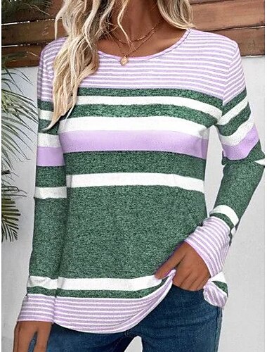  Damen T Shirt Grafik Gestreift Vintage Stilvoll Klassisch Langarm Rundhalsausschnitt Normale Oberteile Täglich Wochenende Druck Rosa Purpur Orange Grün Sommer
