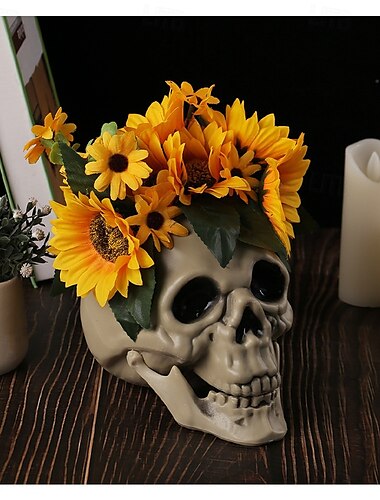  Halloween-hodeskalle med blomsterdekorasjon, resinisert solsikke-spøkelseshodeskalle, borddekorasjon med spøkelseshus-skrekkscene