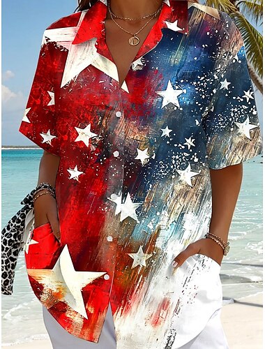  O Independence Day Dames Patriottische Vierde Juli Shirt Grafisch Vlag Vintage Tropisch Stijlvol Korte Mouwen Kraag Reguliere Tops Dagelijks Wit Rood Blauw Zomer Lente