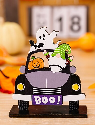  Halloween Kürbis Wichtel aus Holz, Boo Auto Ornament, Geister Festival rustikale Tischdekoration, gruselige Weihnachtsdekoration