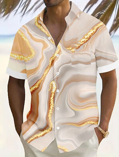  Herren Geometrisch Marmor Abstrakte flüssige Kunst Hemd Sommerhemd Knopfhemd Kurzarm Modisch lässig Urlaub Ferien Streetwear Sommer Umlegekragen 3D-Druck Eine Tasche vorne Leinenähnliches Hemd Gold