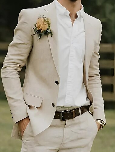  De los hombres Boda Trajes de Lino Beige Ligeras Casual Color sólido Estándar Juego de 2 piezas Recto 2 botones