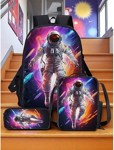  3-delat astronautryggsäckset för barn – färgglad skolryggsäck med galaxtryck, isolerad lunchväska och pennfodral för pojkar och flickor, perfekt för skol-, rese- och födelsedagspresenter