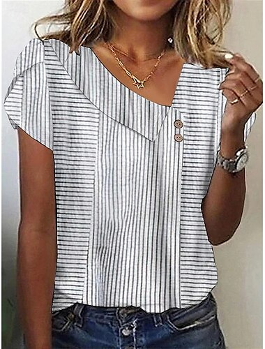  Damen Bluse Grafik Gestreift Elegant Stilvoll Lässig Kurzarm Asymmetrisch Normale Oberteile Täglich Ferien Knöpfe Weiß Rote Blau Sommer Frühling