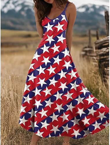  Unabhängigkeitstag Frauen Patriotisches Vierte Juli Maxikleid A-Linie Kleid Unterkleid Urlaub Lässig Täglich Ferien Reguläre Passform Grafische amerikanische Flagge Ärmellos V-Ausschnitt