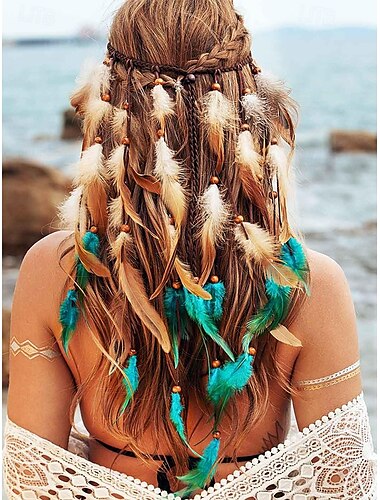 Diadema de plumas boho para mujer: tocado ajustable para festivales con plumas naturales y cuentas para playa, fiestas y atuendos de estilo bohemio.