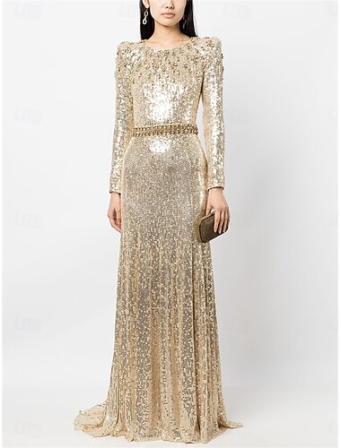  Meerjungfrauenschnitt Quinceanera-Kleider Elegant Kleid Formell Hochzeit Bodenlang Langarm Rundhalsausschnitt Paillettenbesetzt mit Paillette 2025