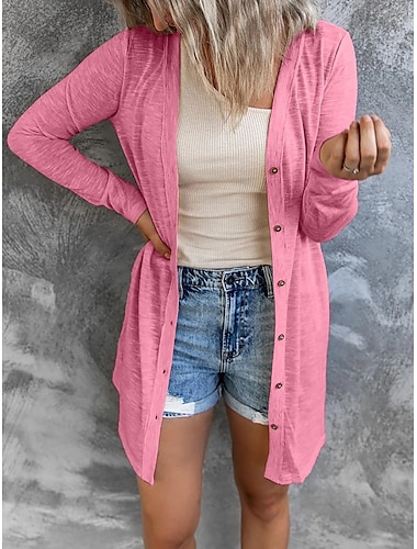  Dames Vrijetijdsjas Ademend Comfortabel Zak Casual Effen Vakantie Straat Casual Alledaagse kleding Enkele rij knopen Lang V-hals Normale pasvorm Lange mouw bovenkleding Zwart Wit Blozend Roze Zomer