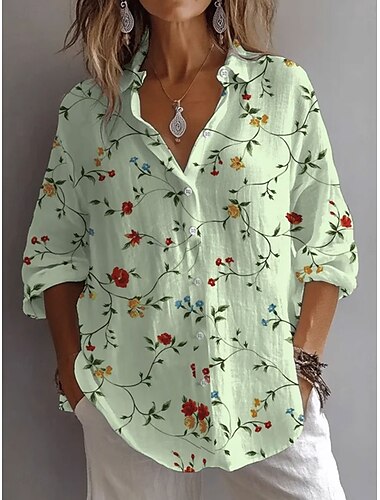  Damen Hemd Blumen Grafik Blätter Täglich Stilvoll Lässig Langarm Hemdkragen Normale Oberteile Täglich Ferien Knöpfe Druck Weiß Blau Grün Sommer Frühling