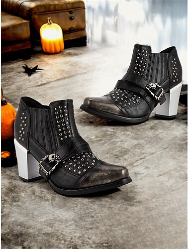  Schwarze Gothic-Stiefeletten für Damen im 80er-Jahre-Stil mit Totenkopfschnalle und Nieten, Punk-Booties mit klobigem Absatz für Halloween-Partys und Abende