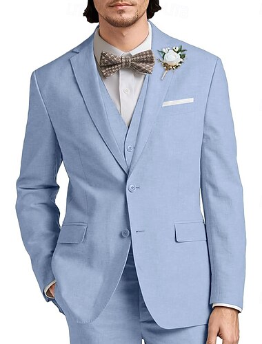  Herren Hochzeit Lässig Leinenanzüge Rosa Himmelblau Mode Formell Einfarbig Standard Passform 3-teilig Einreihige Zwei-Knopf-Jacke