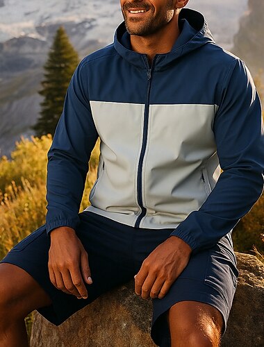  Herren Wanderjacke Regenmantel Sportjacke Außen Wasserdicht Atmungsaktiv Schnelltrocknend Leicht Wanderoutfits Wanderbekleidung Frühling Herbst Jacke Tennis Golfspiel Laufen Patchwork Dunkelblau Grau