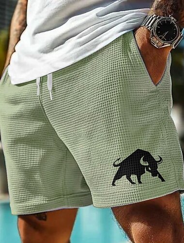  Herren Tiermotiv Bulle Waffel-Shorts Sweat-Shorts Freizeitshorts Mittlere Taille Modisch lässig Urlaub Joggen Trainieren Elastischer Kordelzug in der Taille Shorts mit Taschen Designer Bekleidung