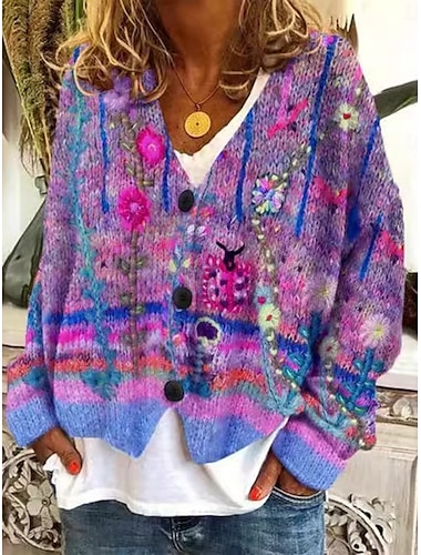  Per donna Felpa Cardigan Moda Streetwear Casual Floreale Scollo a V Bottoni Lavorato a maglia Manica Lunga Top Regolari Maglia All'aperto Quotidiano Weekend Rosso Blu Autunno Inverno