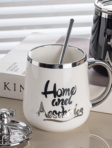  Keramik-Kaffeetasse mit Deckel und Löffel, süße Paartassen für Büro oder Zuhause, Frühstücksteetasse für Männer und Frauen